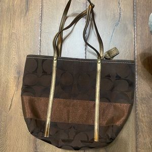COACH Signature Stripe Tote Bag (Shoulder Purse).  No: Ho767-11098 Brown